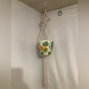 - White Macrame Plant Hanger with Pot. 37” long. NEW